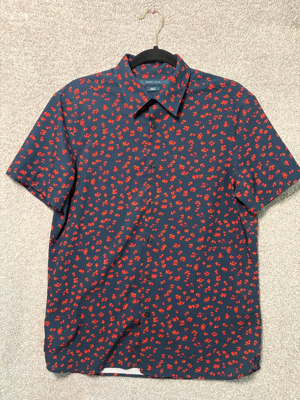 Navy Floral Button Up Shirt M Slim Fit Stretch Retro Preppy